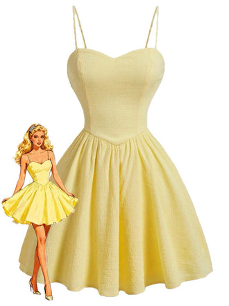 Yellow 1950s Textured Sweetheart Spaghetti Strap Swing Dress, vintage dress, retro fashion, rockabilly, pin-up fashion - perfect for women who love vintage and retro fashion