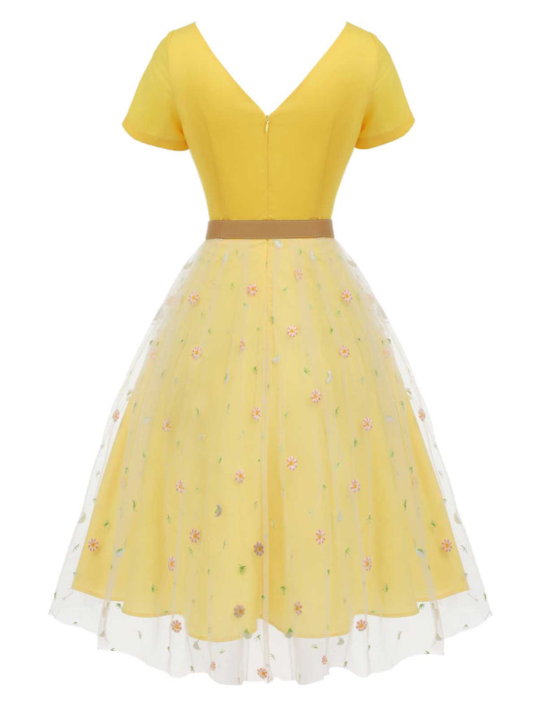 Yellow 1950s V-Neck Daisy Mesh Dress, vintage dress, retro fashion, rockabilly, pin-up fashion - perfect for women who love vintage and retro fashion