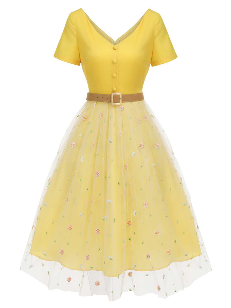 Yellow 1950s V-Neck Daisy Mesh Dress, vintage dress, retro fashion, rockabilly, pin-up fashion - perfect for women who love vintage and retro fashion
