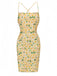 Yellow 1960s Back Lace-Up Ruched Floral Dress, vintage dress, retro fashion, floral print, lace detail - perfect for women who love vintage and retro fashion