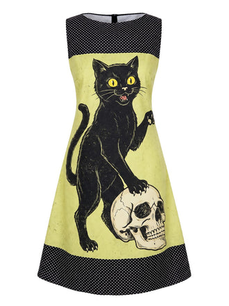 Yellow 1950s Cat Skull Sleeveless A-Line Dress, vintage dress, retro fashion, rockabilly, pin-up fashion - perfect for women who love vintage and retro fashion