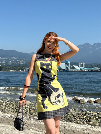 Yellow 1960s Cat Skull Sleeveless A-Line Dress, vintage dress, retro fashion - vintage inspired fashion