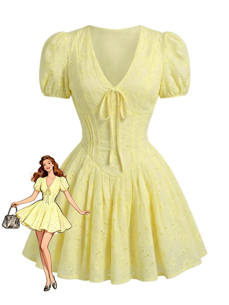 Yellow 1960s Cotton Embroidered Puff Sleeve V-Neck Mini Dress, vintage dress, retro fashion - perfect for women who love vintage and retro fashion
