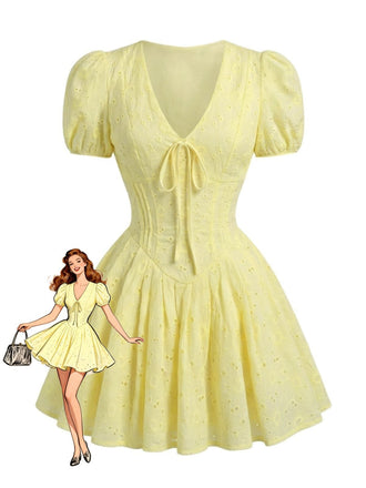 Yellow 1960s Cotton Embroidered Puff Sleeve V-Neck Mini Dress, vintage dress, retro fashion - perfect for women who love vintage and retro fashion