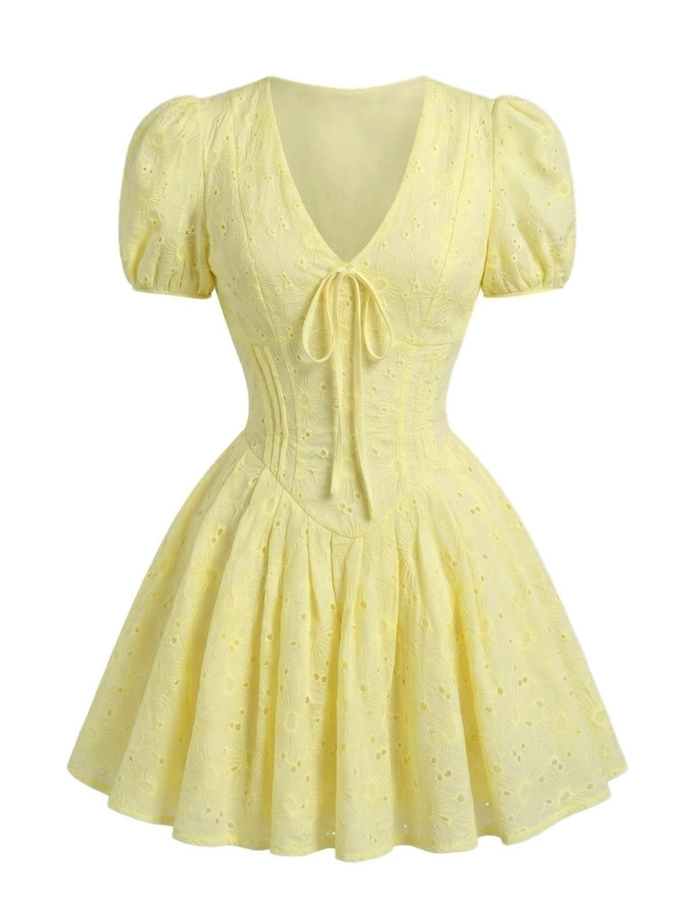 Yellow 1960s Cotton Embroidered Puff Sleeve V-Neck Mini Dress, vintage dress, retro fashion - perfect for women who love vintage and retro fashion