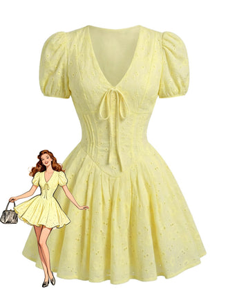 Yellow 1960s Cotton Embroidered Puff Sleeve V-Neck Mini Dress, vintage dress, retro fashion - perfect for women who love vintage and retro fashion