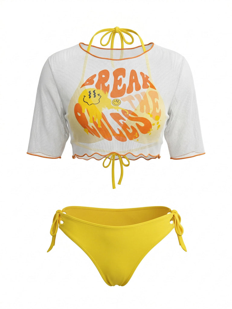 Yellow-1960s-Halter-Triangle-Bikini-Set-Sheer-Cover-Up, vintage, retro, swimwear