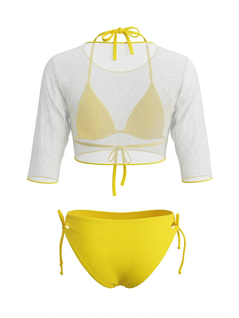 Yellow-1960s-Halter-Triangle-Bikini-Set-Sheer-Cover-Up, vintage, retro, swimwear