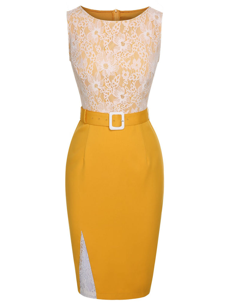 Yellow 1960s Solid Lace Patchwork Belt Dress, vintage dress, retro fashion, lace detail - perfect for women who love vintage and retro fashion