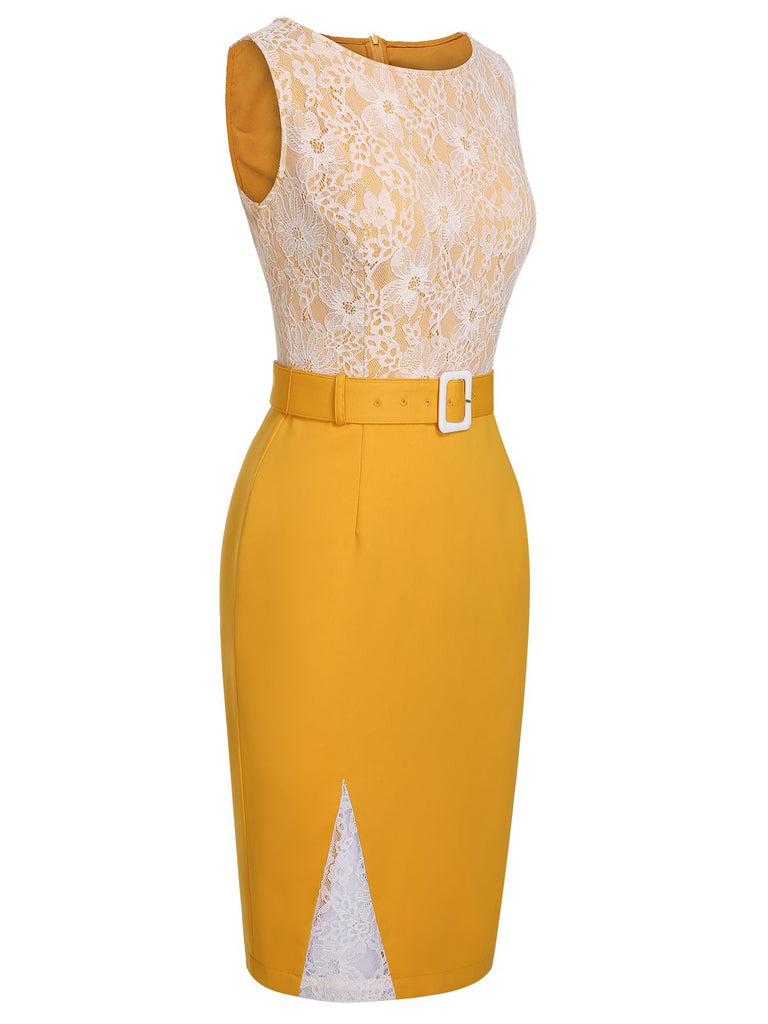 Yellow 1960s Solid Lace Patchwork Belt Dress, vintage dress, retro fashion, lace detail - perfect for women who love vintage and retro fashion