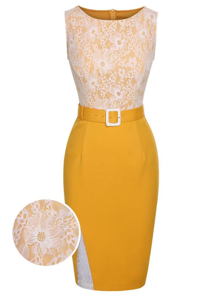 Yellow 1960s Solid Lace Patchwork Belt Dress, vintage dress, retro fashion, lace detail - perfect for women who love vintage and retro fashion