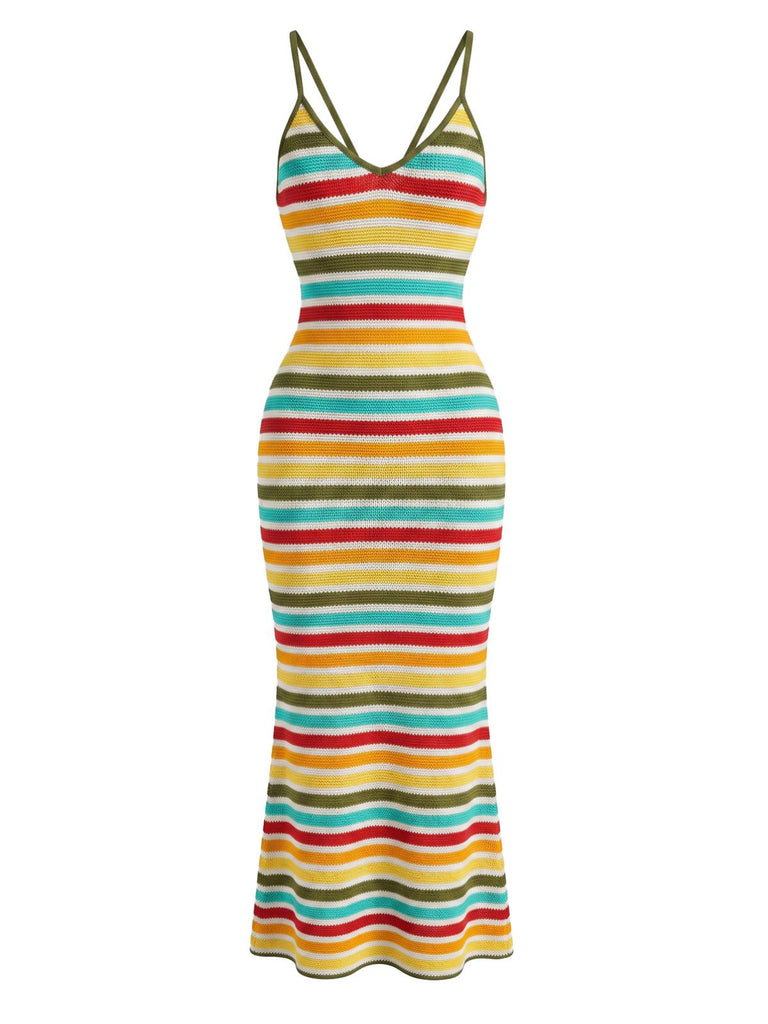 Yellow 1960s Spaghetti Strap Striped Bodycon Slim Dress 3