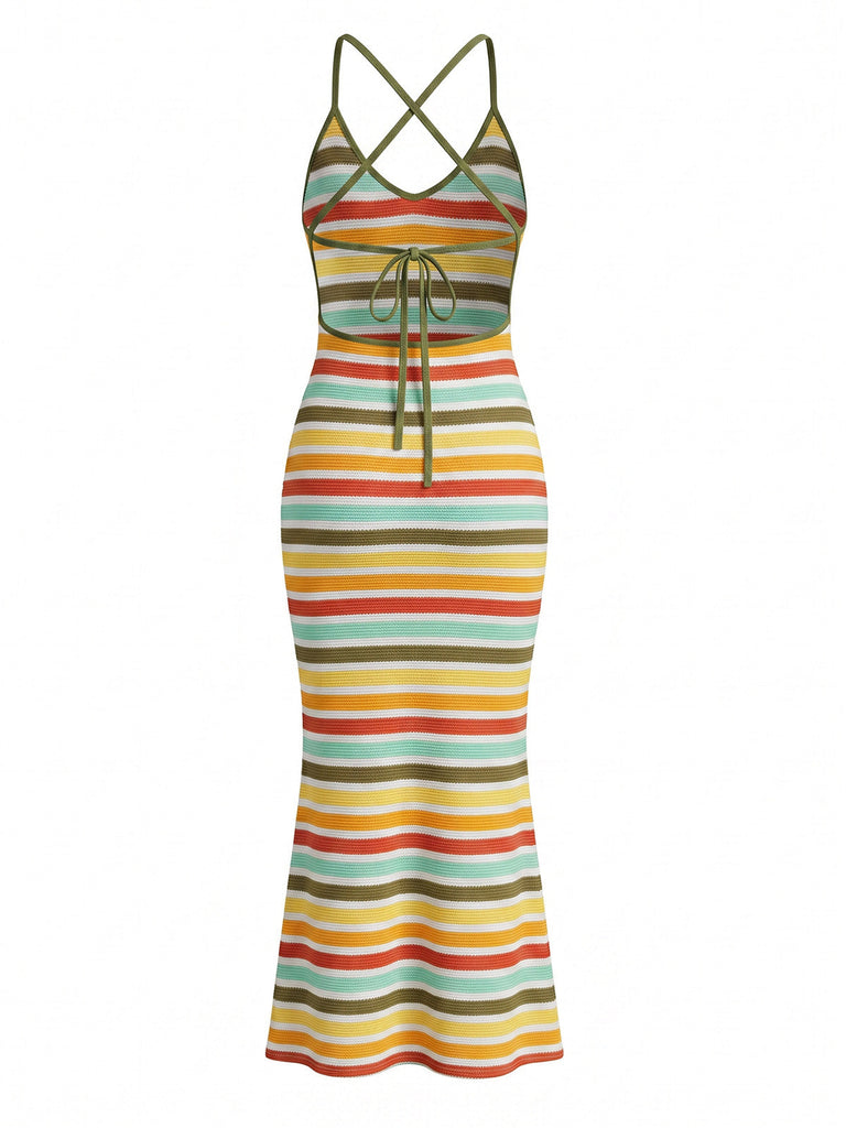 Yellow 1960s Spaghetti Strap Striped Bodycon Slim Dress 4