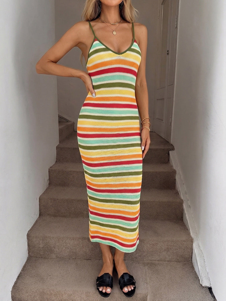 Yellow 1960s Spaghetti Strap Striped Bodycon Slim Dress 5
