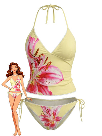 Yellow 1970s Floral Halter Lace-Up Swimsuit - vintage swimsuit, pin-up swimwear for vintage lovers