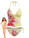 Yellow 1970s Floral Halter Lace-Up Swimsuit - vintage swimsuit, pin-up swimwear for vintage lovers