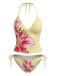 Yellow 1970s Floral Halter Lace-Up Swimsuit - vintage swimsuit, pin-up swimwear for vintage lovers