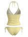 Yellow 1970s Floral Halter Lace-Up Swimsuit - vintage swimsuit, pin-up swimwear for vintage lovers