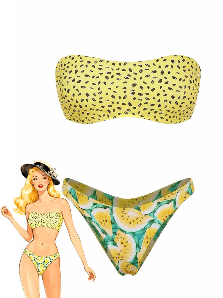 Yellow 1970s Kiwi Print Bandeau Bikini Set - vintage swimwear, retro swimsuit, pin-up style for vintage lovers