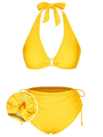 Yellow 1970s Lace-Up Halter Bikini Set, vintage swimsuit, pin-up swimwear - perfect for women who love vintage and retro fashion