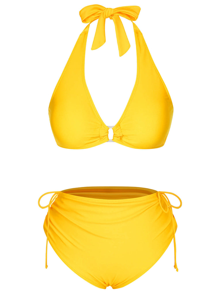 Yellow 1970s Lace-Up Halter Bikini Set, vintage swimsuit, pin-up swimwear - perfect for women who love vintage and retro fashion