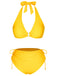 Yellow 1970s Lace-Up Halter Bikini Set, vintage swimsuit, pin-up swimwear - perfect for women who love vintage and retro fashion