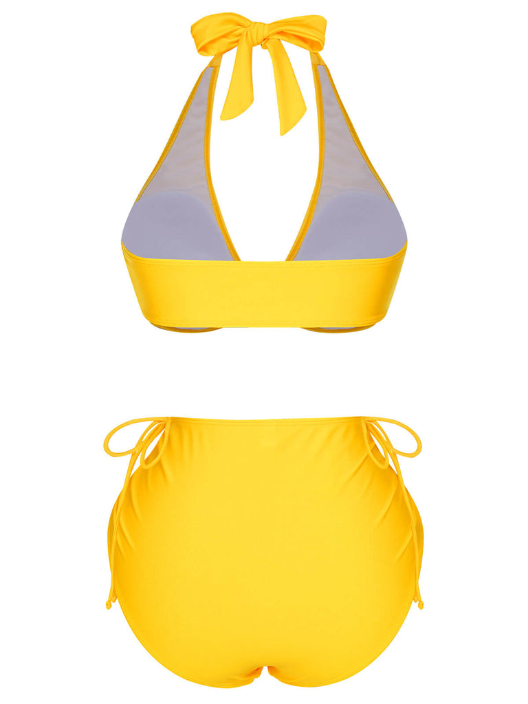 Yellow 1970s Lace-Up Halter Bikini Set, vintage swimsuit, pin-up swimwear - perfect for women who love vintage and retro fashion