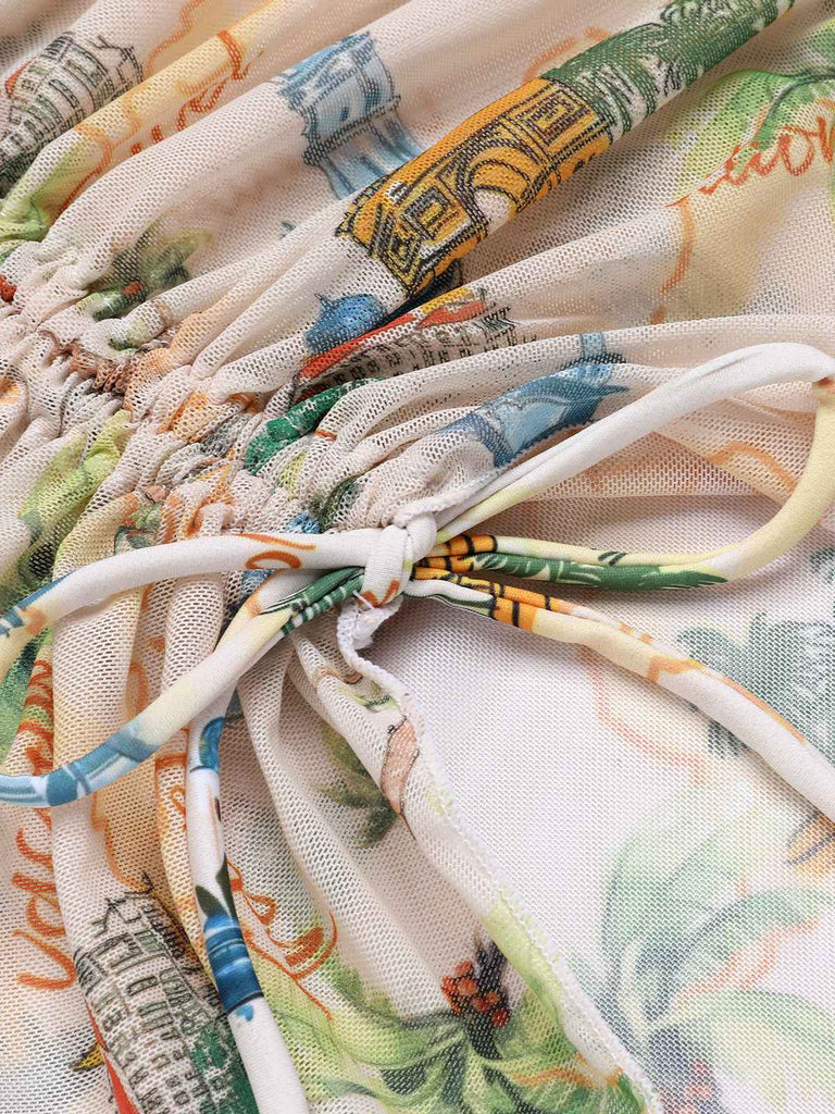 Yellow 1970s Retro Architectural Pattern Drawstring Cover-Up, vintage fashion, retro style - perfect for women who love vintage and retro fashion