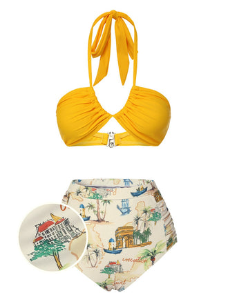 Yellow 1970s Retro Architectural Pattern Halter Swimsuit, vintage swimsuit, pin-up swimwear - perfect for women who love vintage and retro fashion