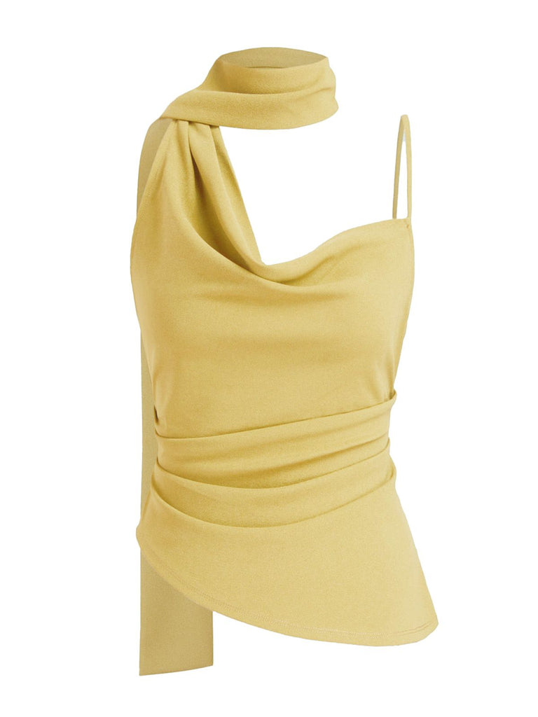 Yellow 1970s Scarf Neck Ruched Cowl Top - vintage fashion, retro style