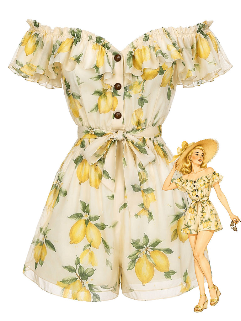 Yellow 1980s Off-Shoulder Ruffle Lemon Romper, vintage jumpsuit, retro fashion - vintage inspired fashion