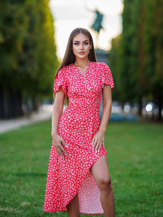 Red 1940s Floral V-Neck Added Button Dress