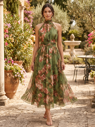 1940s Floral Halter Tulle Backless Maxi Dress