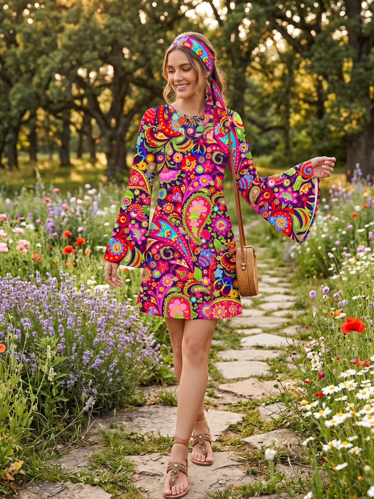 Multicolor 1960s Hippie Psychedelic Paisley Bell Sleeves Mini Dress