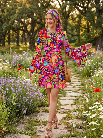 Multicolor 1960s Hippie Psychedelic Paisley Bell Sleeves Mini Dress