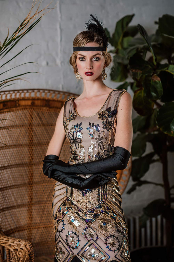 1920s Floral Beaded Flapper Dress, classic 1920s style elegant retro fashion - Image 5