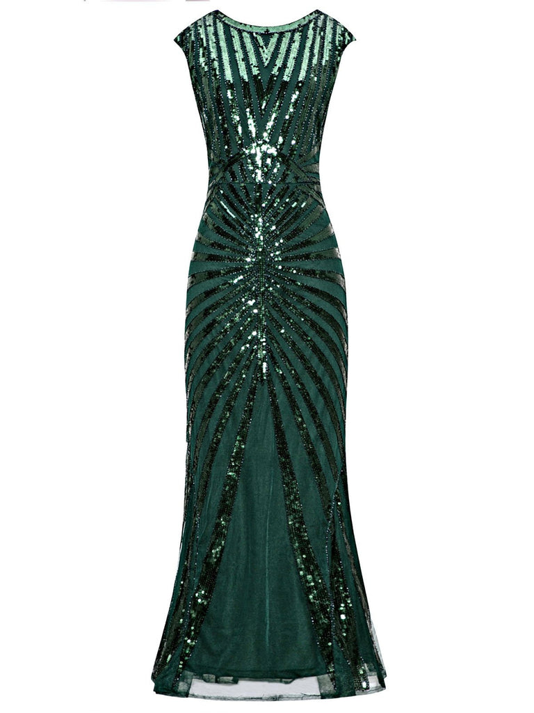 She wears 1920s Sequin Art Deco Maxi Dress with vintage grace