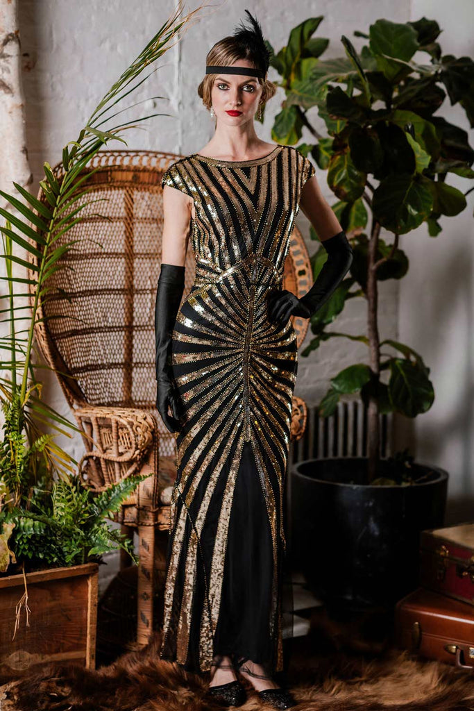 1920s Sequin Art Deco Maxi Dress: elegant vintage style