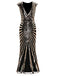 She wears 1920s Sequin Art Deco Maxi Dress with vintage grace