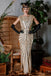 She wears 1920s Sequin Art Deco Maxi Dress with vintage grace