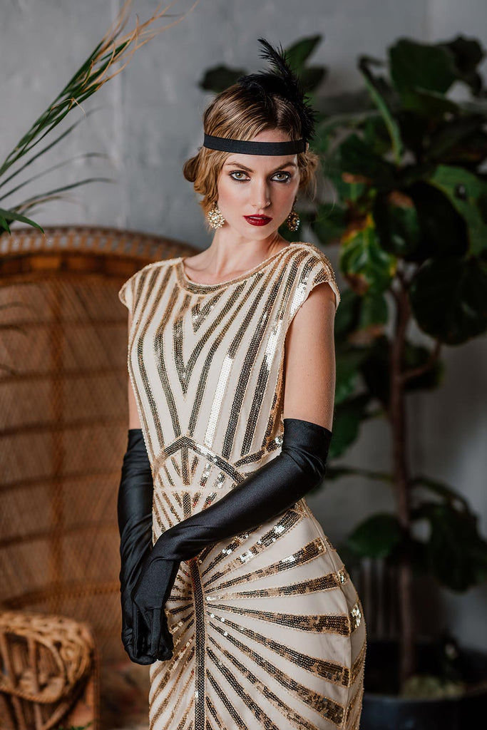 1920s Sequin Art Deco Maxi Dress: elegant vintage style
