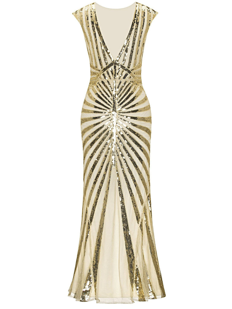 She wears 1920s Sequin Art Deco Maxi Dress with vintage grace