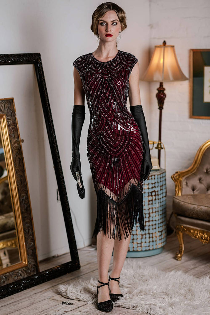 Wine 1920s Sequin Beaded Fringed Dress, classic 1920s style elegant retro fashion - Image 2