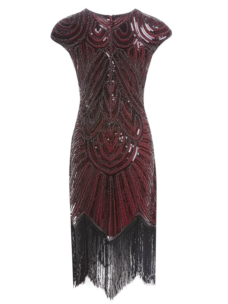 Wine 1920s Sequin Beaded Fringed Dress, classic 1920s style elegant retro fashion - Image 7