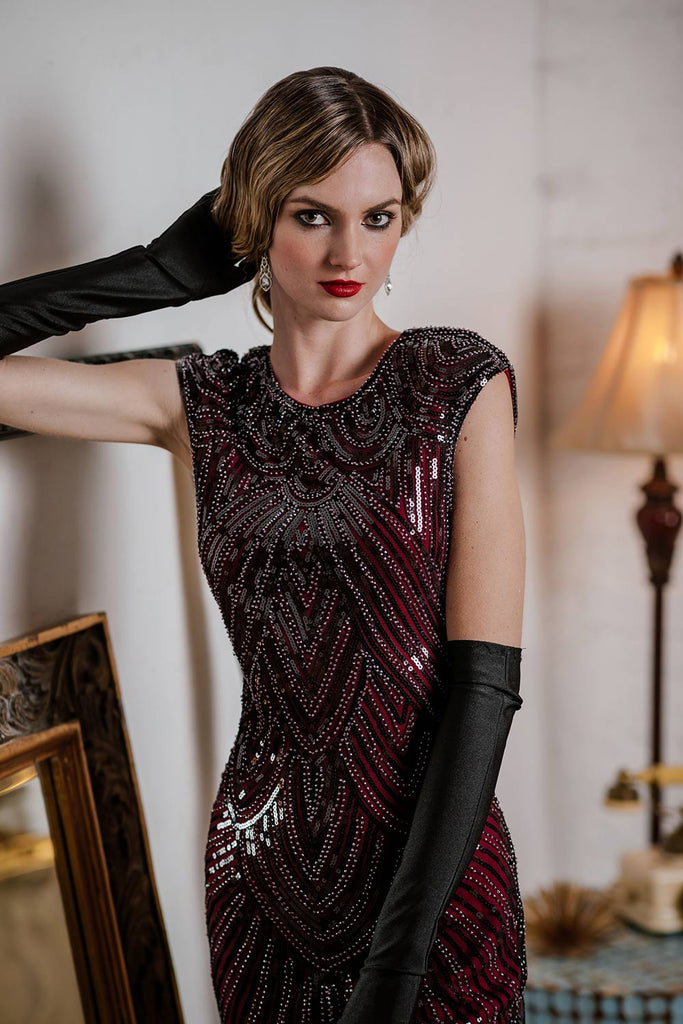 Wine 1920s Sequin Beaded Fringed Dress, classic 1920s style elegant retro fashion - Image 5