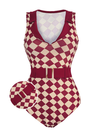1930s Burgundy Diamond Lapel One-Piece Swimsuit: timeless style reimagined