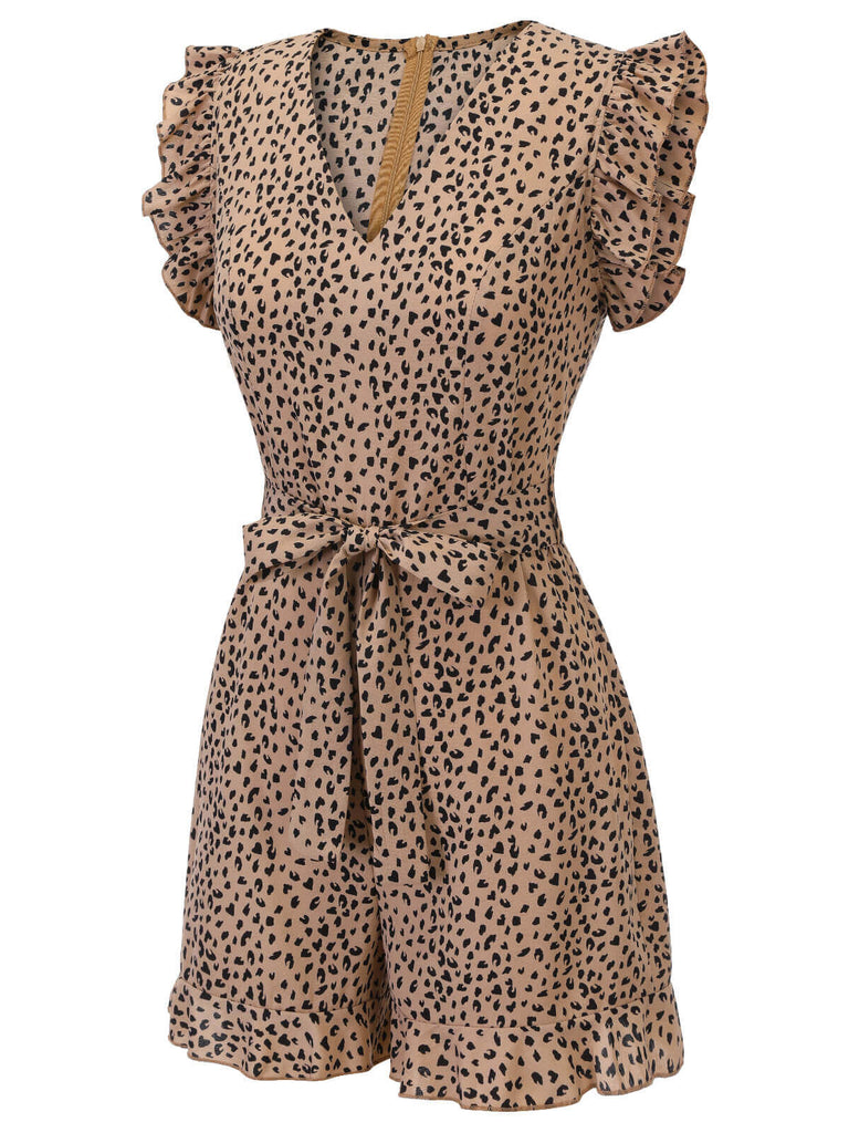 Side view: 1930s 1930s Leopard Print Mullet Sleeves V-neck Romper, perfect for retro themed parties, vintage fashion enthusiasts and special occasions
