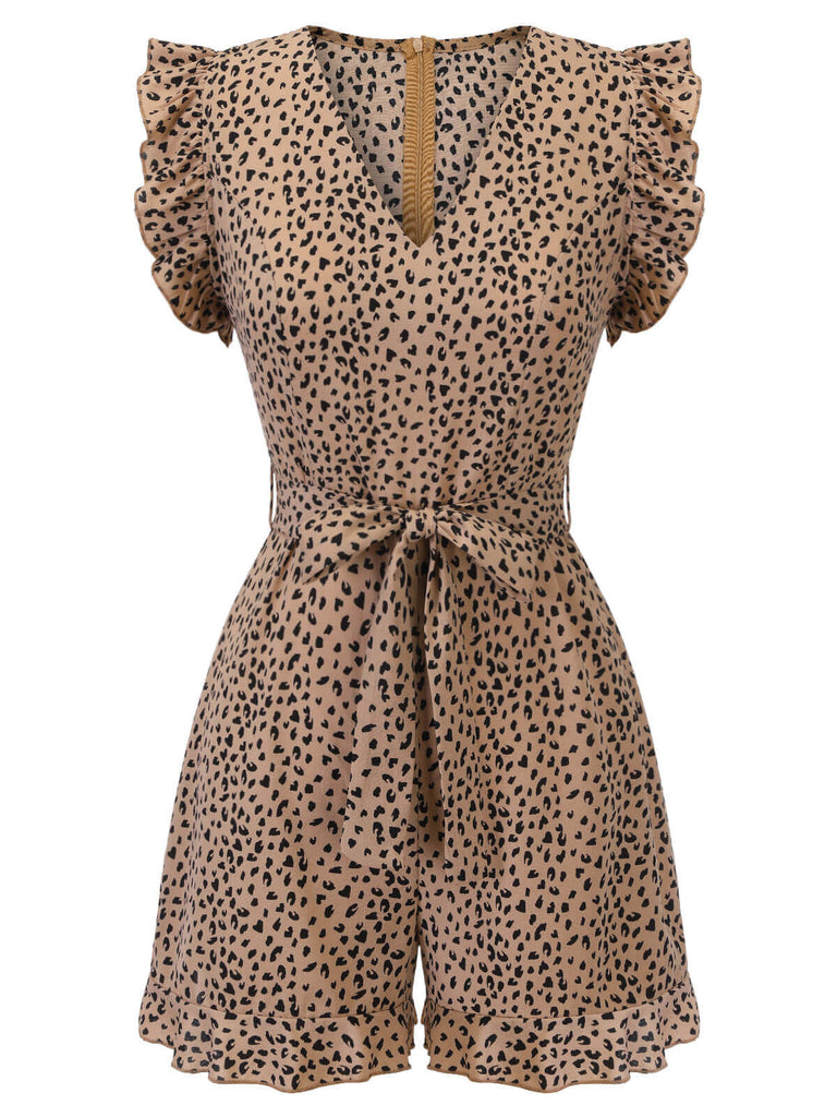 Detail close-up: 1930s 1930s Leopard Print Mullet Sleeves V-neck Romper, perfect for retro themed parties, vintage fashion enthusiasts and special occasions