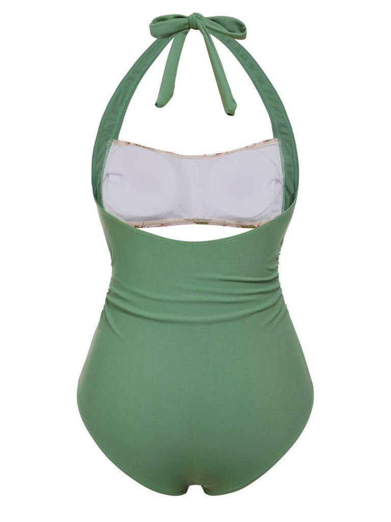 Green 1930s Peony Halter One-Piece Swimsuit — vintage elegance for the modern woman