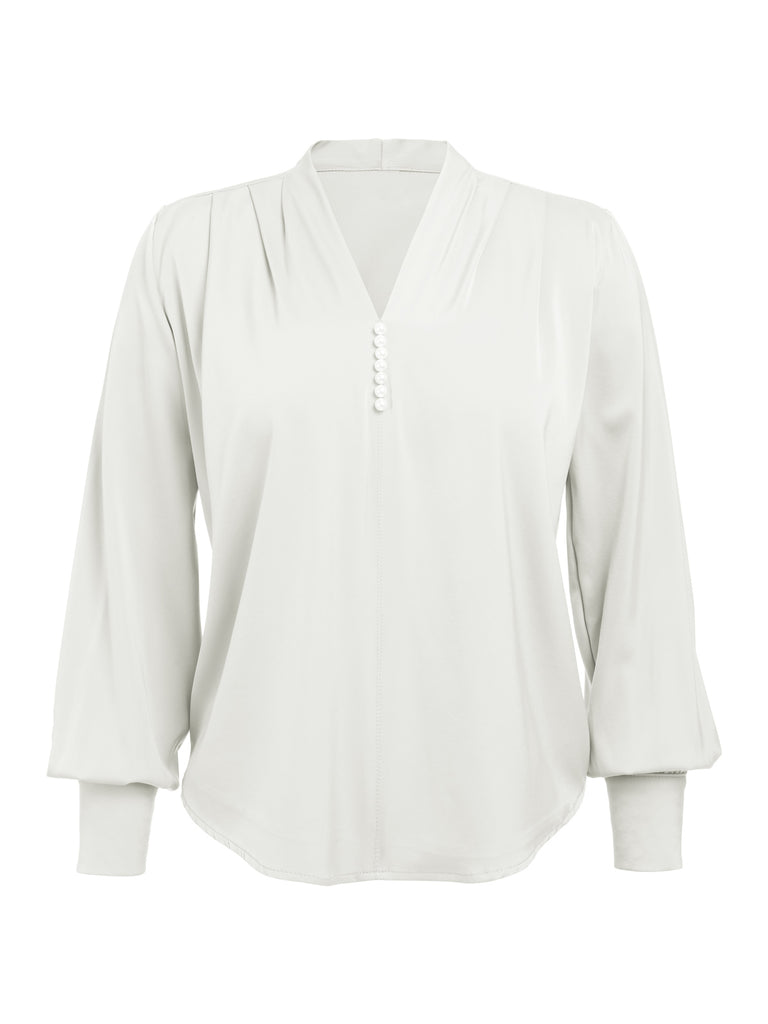 1930s Retro Solid V-neck Puff Sleeve Blouse — vintage elegance for the modern woman